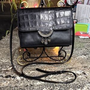 Black Brighton Clutch Crossbody Large Wallet Organizer Croc-Embossed Leather Bag